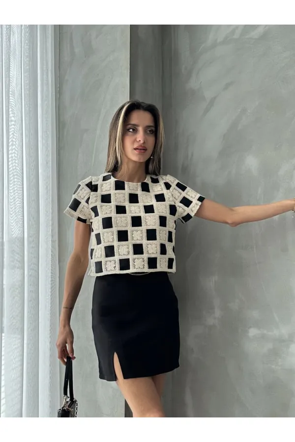 Topshow Raw Black Short Sleeve Checkerboard Pattern Crochet Wholesale Blouse