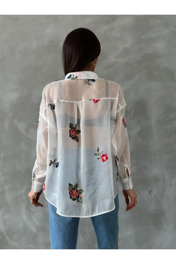 Embroidered Organza Wholesale Shirt - Cream | TOPSHOW | F1690