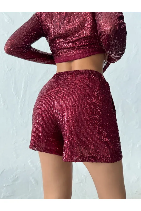 Topshow Sparkly Sequined Shorts - Claret Red