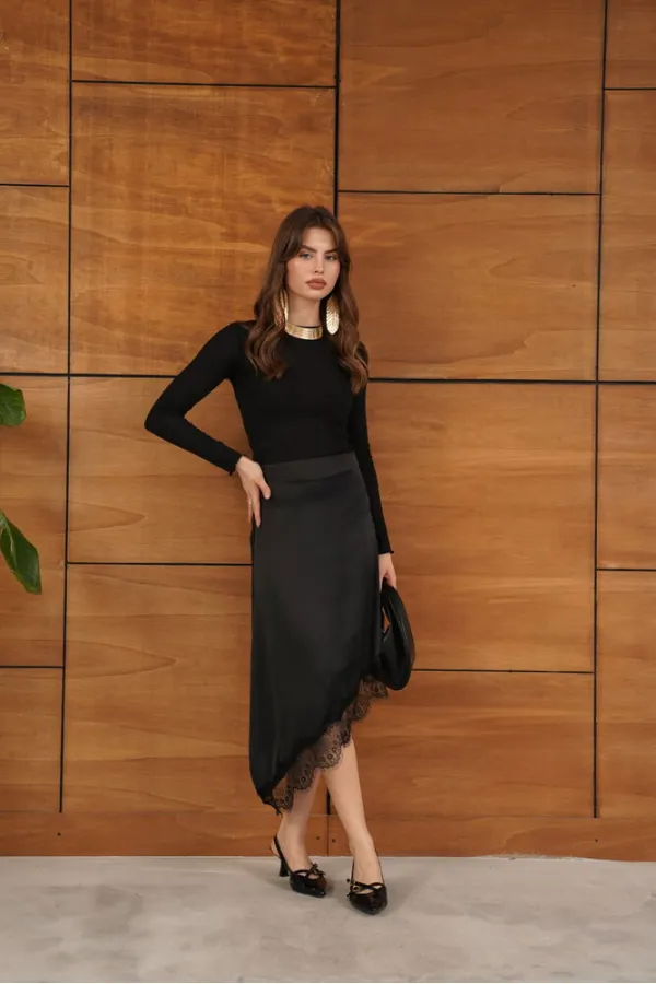 D 2951 LACE ASYMMETRICAL SKIRT - BLACK