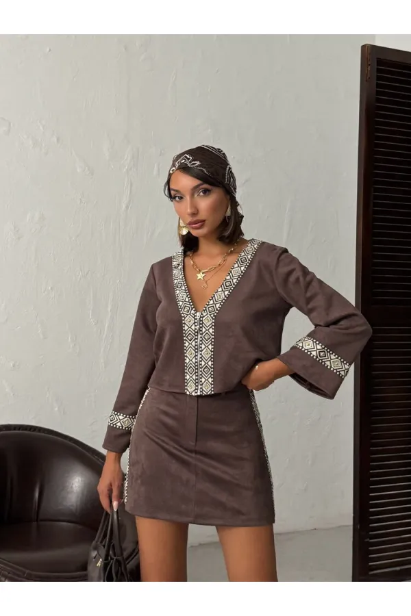 Jupe Topshow en daim scuba à rayures - Marron | F1974