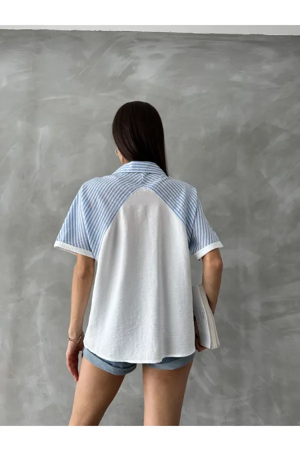 Topshow Blue Stripe Detailed Low Sleeve Wholesale Shirt