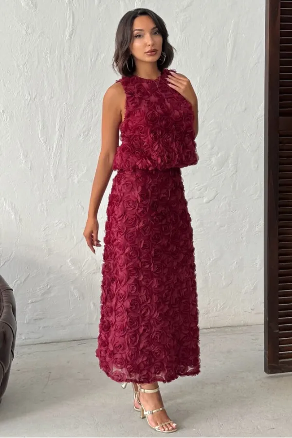 Topshow - Toptan Gül Süzüneli Kolsuz Bluz - Bordo