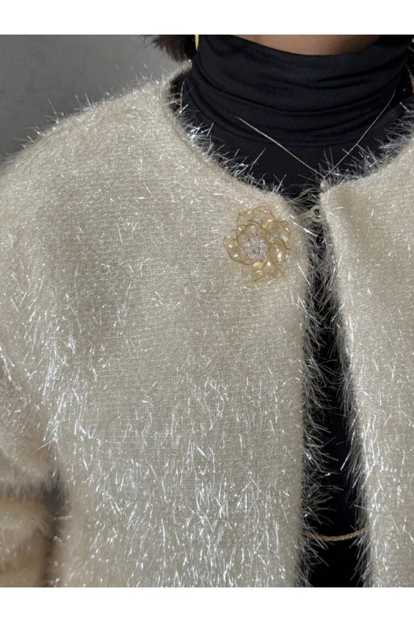 Simli Saçaklı Toptan Hırka - Krem | TOPSHOW | F1837