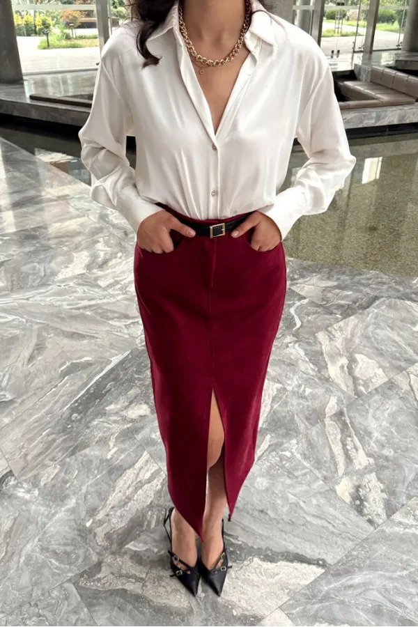 Süet Toptan Etek - Bordo | TOPSHOW | F1761