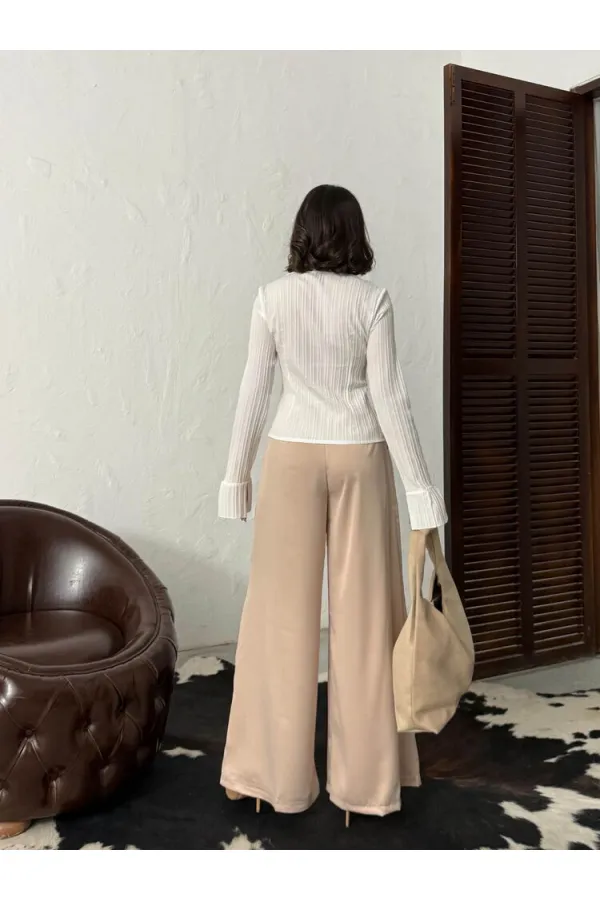 Yüksek Bel Bol Paça Saten Pantolon – Şık Ve Rahat Tasarım - Taş | F2052