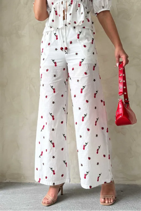 Nakışlı Vual Pantolon - Kırmızı | Topshow