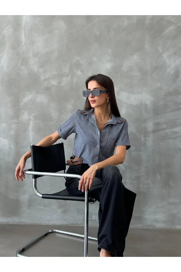 Topshow Black Striped Belt Detailed Striped Wholesale Shirt