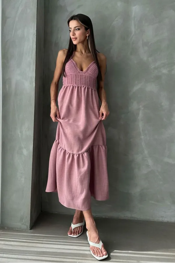 Topshow Powder Linen Strap V-Neck Full Length Wholesale Dress