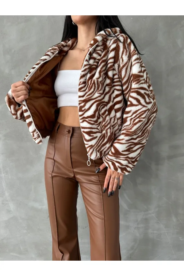 Leopar Bskılı Pejuş Toptan Mont - Taba Zebra | TOPSHOW | F1654