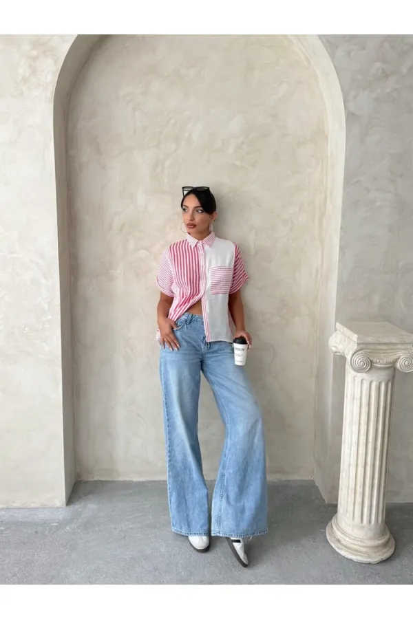 Topshow Fuşya Parçalı Çizgili Toptan Gömlek