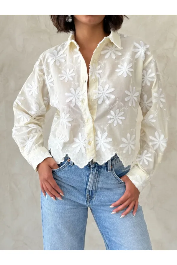 Nakışlı Gömlek - Krem  - | F1932