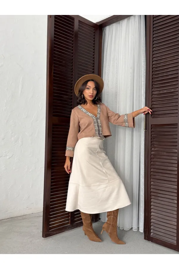 Topshow Şerit Detaylı Scuba Süet Fermuarlı Ceket - VİZON | F1971