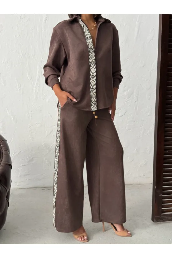 Topshow Şerit Detaylı Scuba Süet Pantolon - Taş | F1972