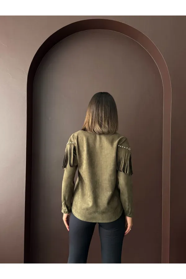 Topshow Püsküllü Droplı Scuba Süet Toptan Gömlek - Haki | F2029