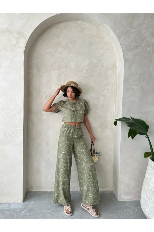 Nakışlı Önden Baglamalı Toptan Bluz - Açık Haki | Topshow