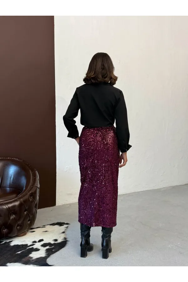 Jupe longue en velours à paillettes F 2053 - Bordeaux