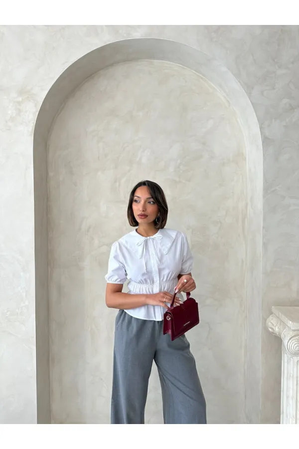 Yaka Detaylı Büzgülü Gömlek - Beyaz Topshow