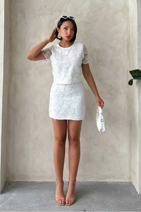 Boncuk İşlemeli Toptan Bluz - Krem | Topshow