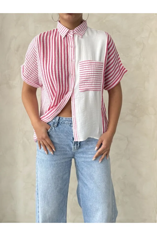 Topshow Fuşya Parçalı Çizgili Toptan Gömlek