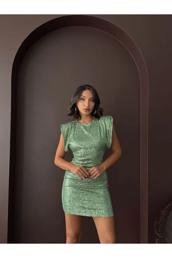 Topshow Işıltılı Pul İşlemeli, Arka Dekolteli, Mini Gece Elbisesi  - AÇIK HAKİ