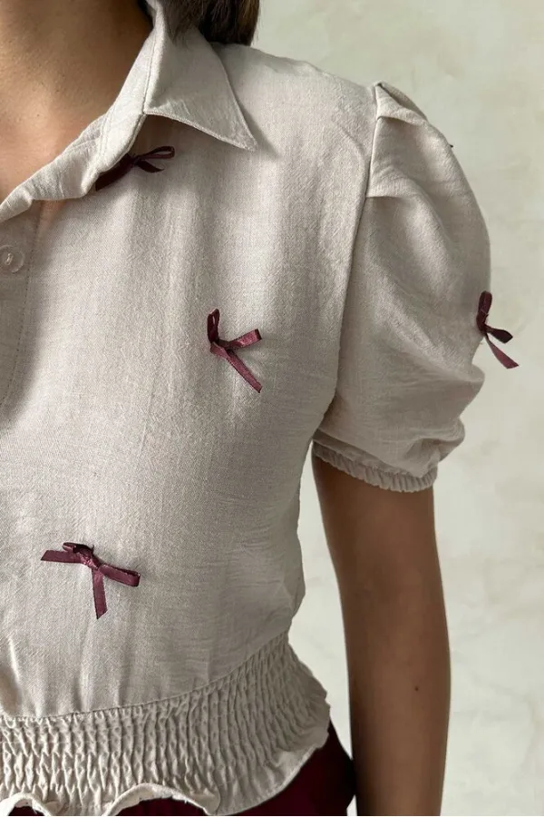 Bow-Tie Linen Wholesale Shirt - Stone | Topshow