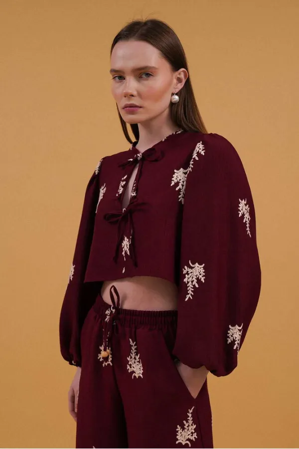 Front-Tie Embroidered Wholesale Blouse - Claret Red | Topshow | F1711