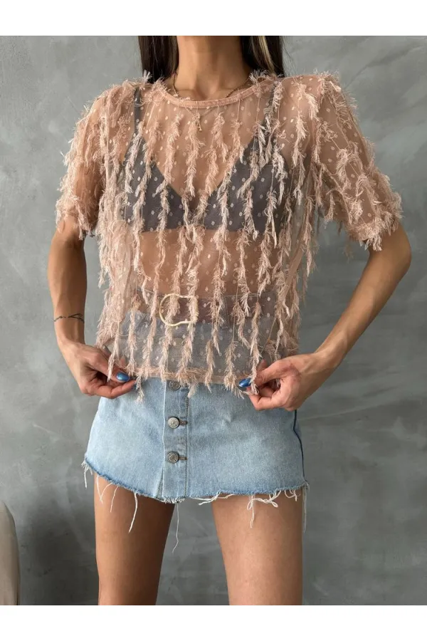 Topshow Somon Simli Saçaklı Toptan Bluz