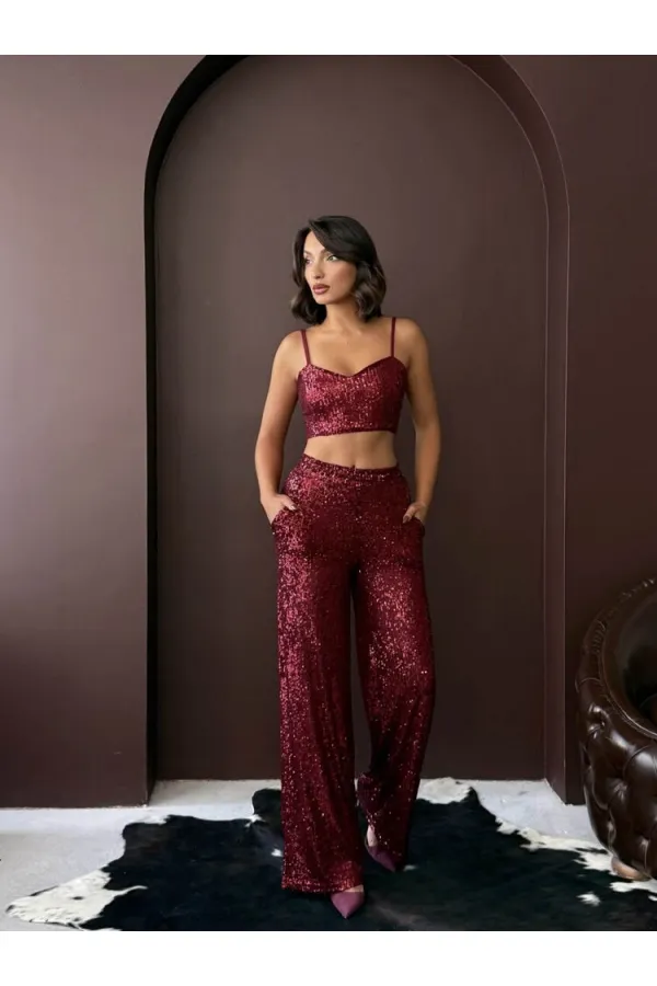 Topshow - Wholesale Sequined Wide Leg Women's Trousers - Elegant Night Outfit - Burgundy