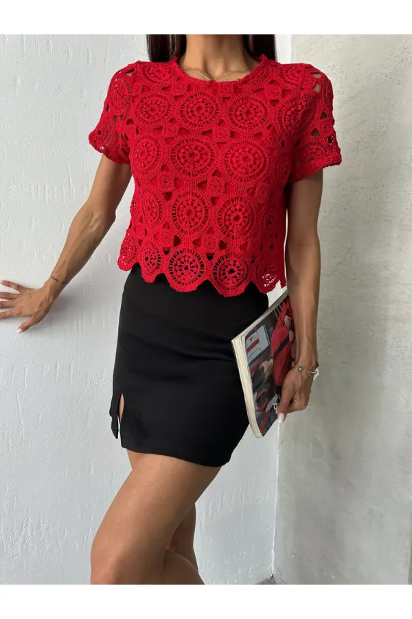 Topshow Kırmızı Güpür Abiye Toptan Bluz