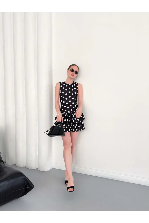 D 2946 POLKA DOT SLEEVELESS DRESS - BLACK