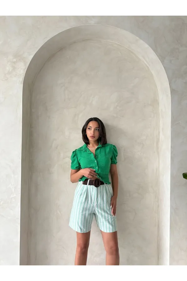 Topshow Çağla Çizgili Kemerli Keten Toptan Şort