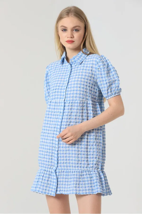 Chemise bleue Topshow en gros, col boutonné, robe en gros