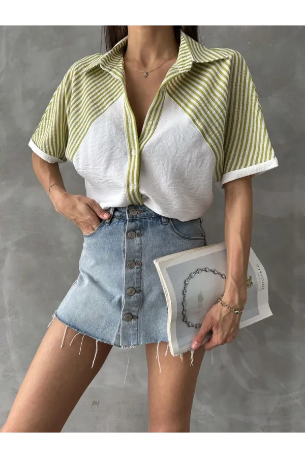 Topshow Pistachio Green Striped Detailed Low Sleeve Wholesale Shirt