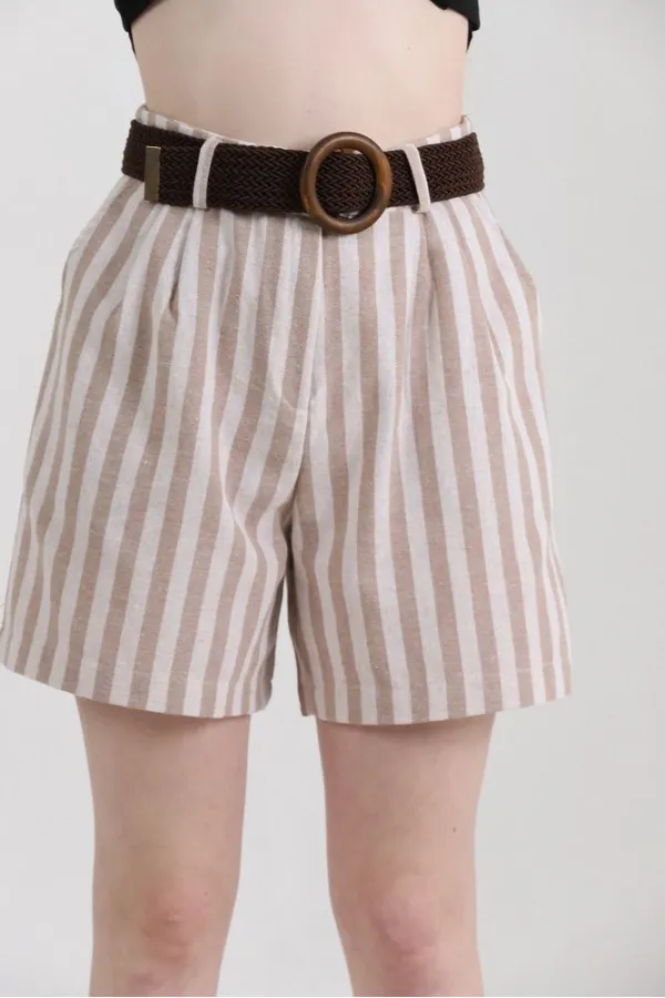 Topshow Stone Striped Belted Linen Wholesale Shorts