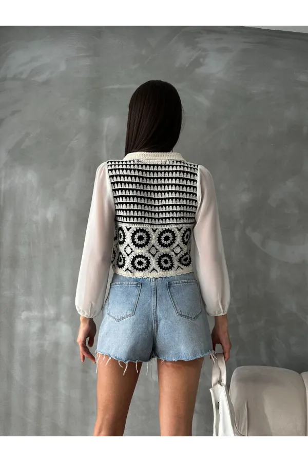 Çiçek Desenli Kısa Toptan Hırka | F0025 - Taş Siyah | TOPSHOW | F0025