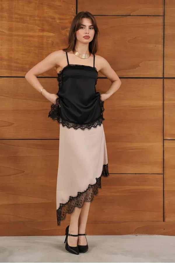 D 2951 LACE ASYMMETRICAL SKIRT - STONE