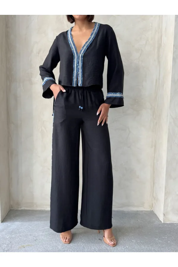 Kot Şeritli Toptan Pantolon   Siyah | Topshow | F1890