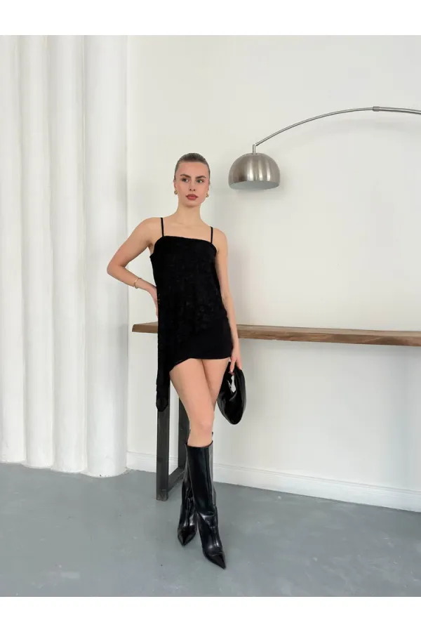 D 2935 Asymmetric Lace Strappy Blouse - Black