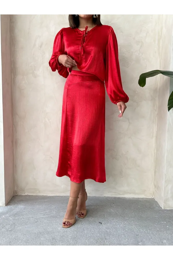 Kraşlı Saten Toptan Etek - Kırmızı | Topshow | F1915