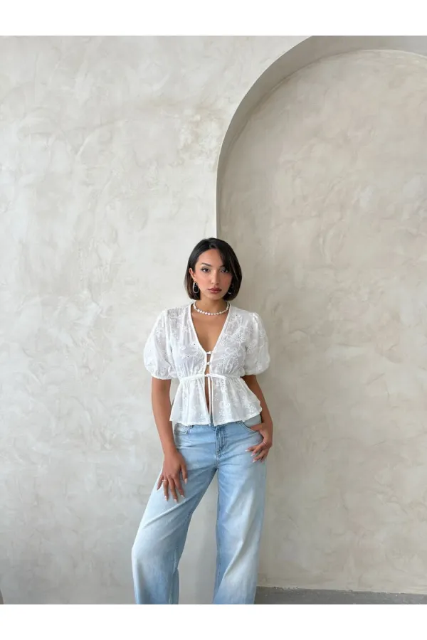 Front-Tie Embroidered Voile Blouse - Cream Topshow