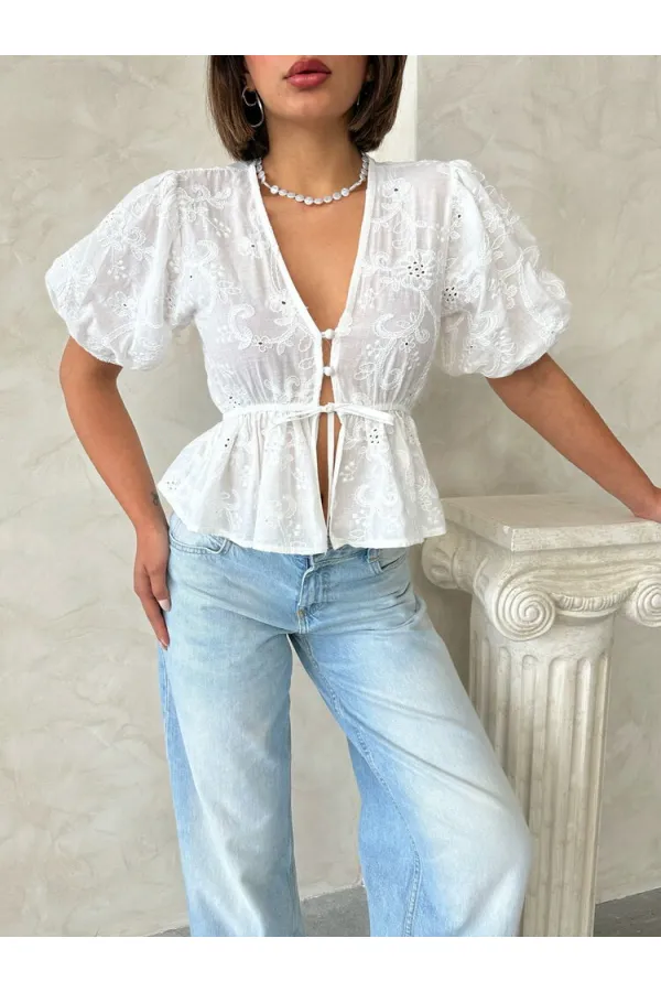 Front-Tie Embroidered Voile Blouse - Cream Topshow