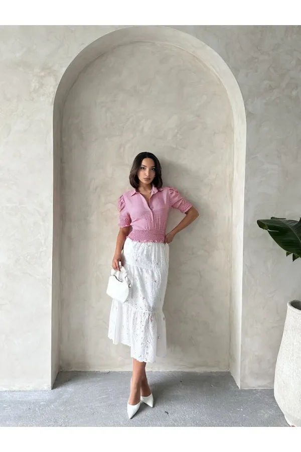 Jupe longue rose brodée à fleurs Topshow (vente en gros)