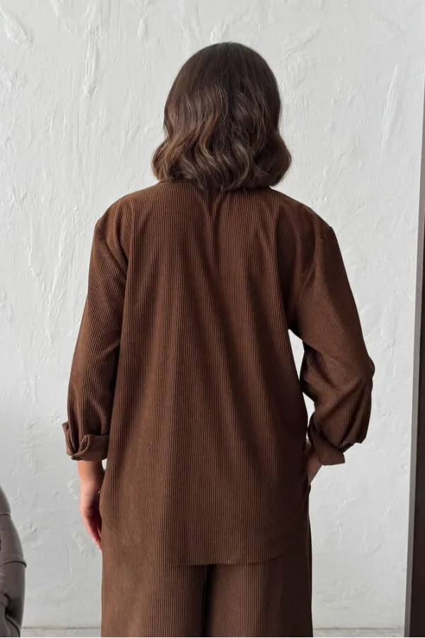 Topshow - Wholesale Embroidered Corduroy Shirt with Pocket - Brown