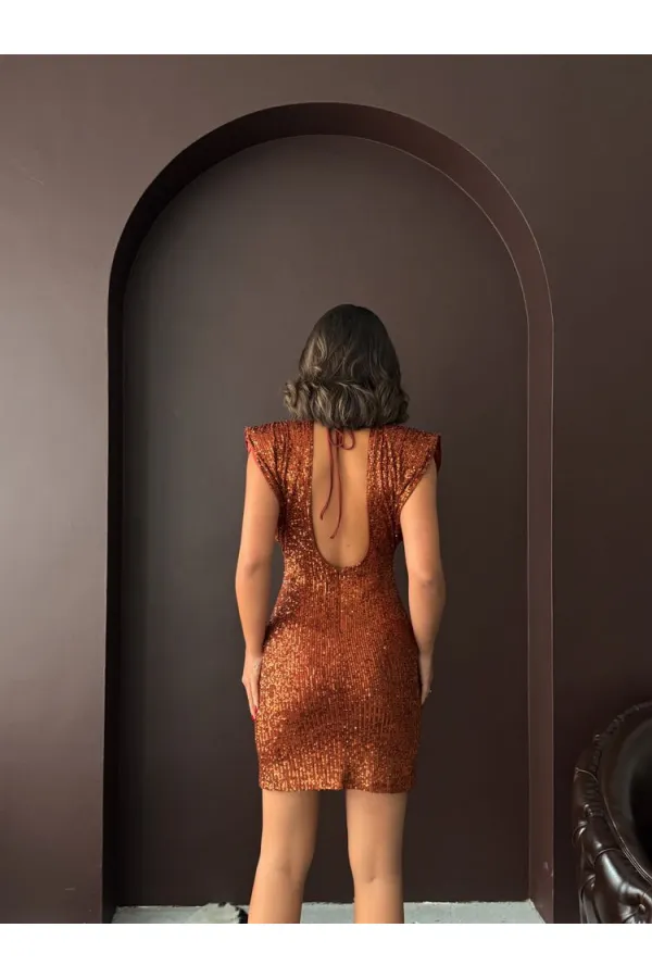 Topshow Sparkling Sequin Embroidered, Backless, Mini Evening Dress - COFFEE