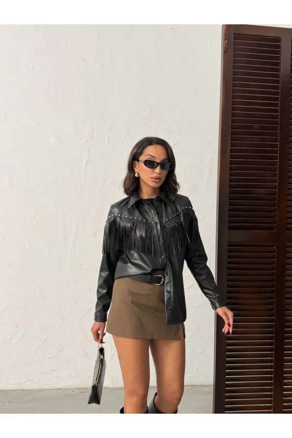 Chemise en similicuir à franges tombantes F 2043 - Noire