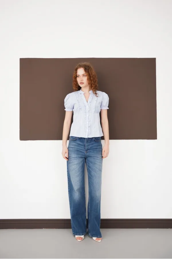 Chemise rayée à volants en gros - Rayures bleues | D3021 - Topshow
