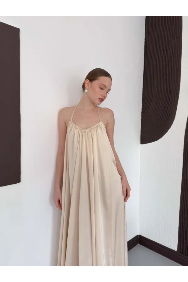 D 3022 DANTEL DETAYLI SATEN ELBİSE - TAŞ