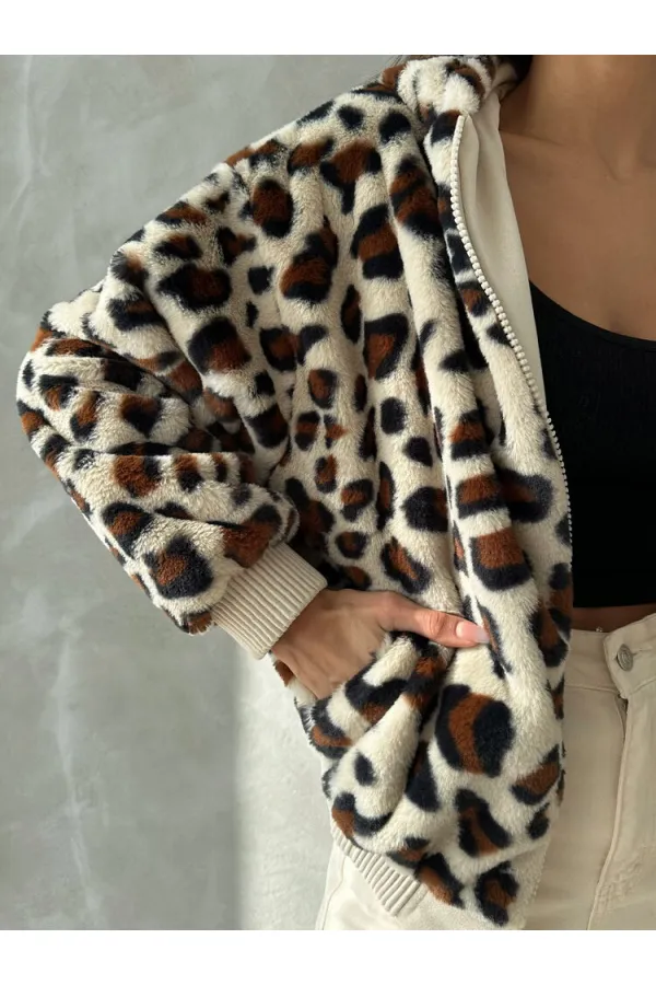 Manteau en peluche effet léopard (vente en gros) - Léopard gris clair | TOPSHOW | F1650