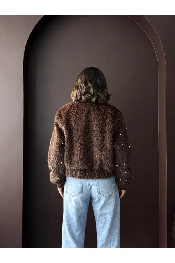 Topshow - Veste bomber en fausse fourrure (vente en gros) - Détails perles - Marron